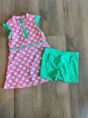 RuffleButts, Tee Time Toddler Girl Golf Active Dress & Shorts Set, Pink/Green 4T